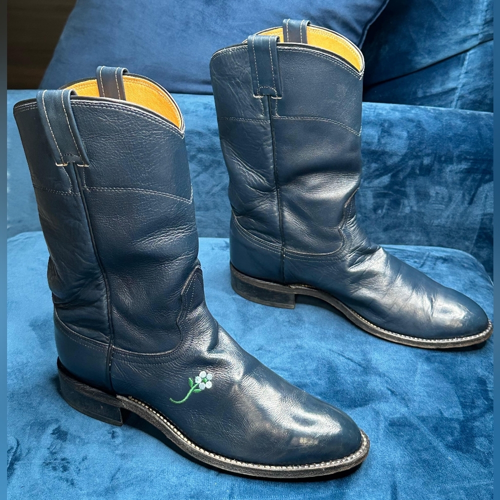 VTG WOMENS NOCONA WESTERN ROPER GUNMETAL BLUE BOOTS SIZE 7.5C flower detail EUC